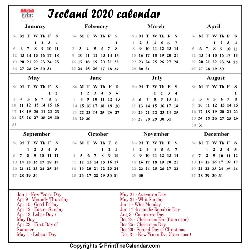 Iceland Calendar 2020 with Iceland Public Holidays
